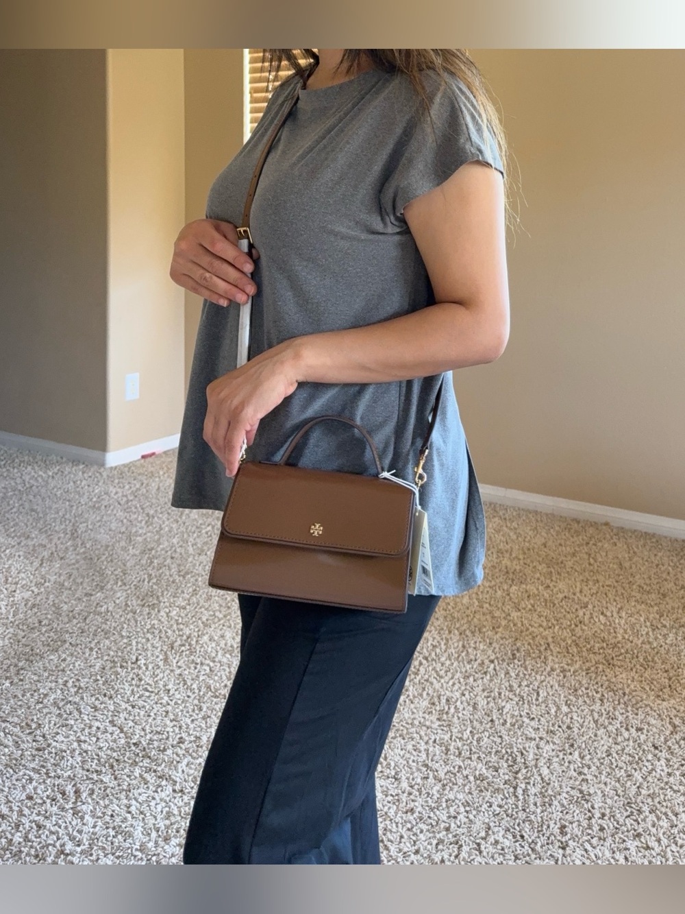 NWT , authentic Tory Burch Emerson smooth mini too handle brown /tan - Picture 10 of 12